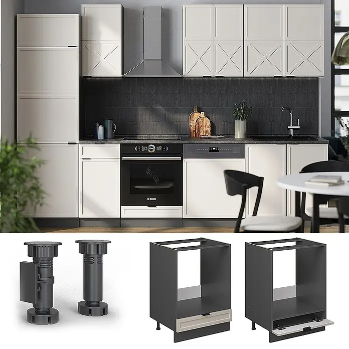 Vicco Schrankküche Fame-Line GrauBeige ohne Arbeitsplatte - GrauBeige, Herdumbauschrank 60 cm - Verstellbare, dunkelgraue Kunststoff-Möbelfüße und dunkelgraue Küchenunterschränke, einer mit Schublade, der andere mit Auszug.