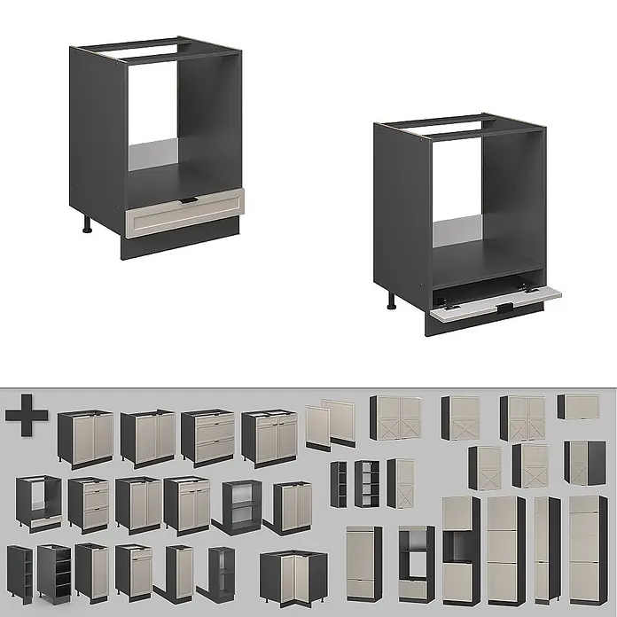 Vicco Schrankküche Fame-Line GrauBeige ohne Arbeitsplatte - GrauBeige, Herdumbauschrank 60 cm - Dunkelgraues modulares Küchenschranksystem mit hellbeigen Türen, Schubladen und Unterschränken, inklusive Geräteschränken.
