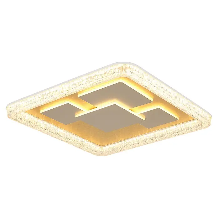 Globo LED-Deckenleuchte Loraine - 40 W, L x B x H: 488 x 488 x 70 mm - Rechteckige LED-Deckenleuchte mit funkelndem Kristallrahmen und modernen geometrischen Paneelen, die ein warmes goldenes Licht abgeben.