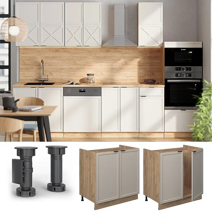 Vicco Schrankküche Fame-Line GrauBeige, AP Anthrazit - GrauBeige, Spülenunterschrank 80 cm, AP Anthrazit - Moderne Küche mit weißen und holzfarbenen Schränken, Einbaugeräten und verstellbaren Kunststofffüßen.