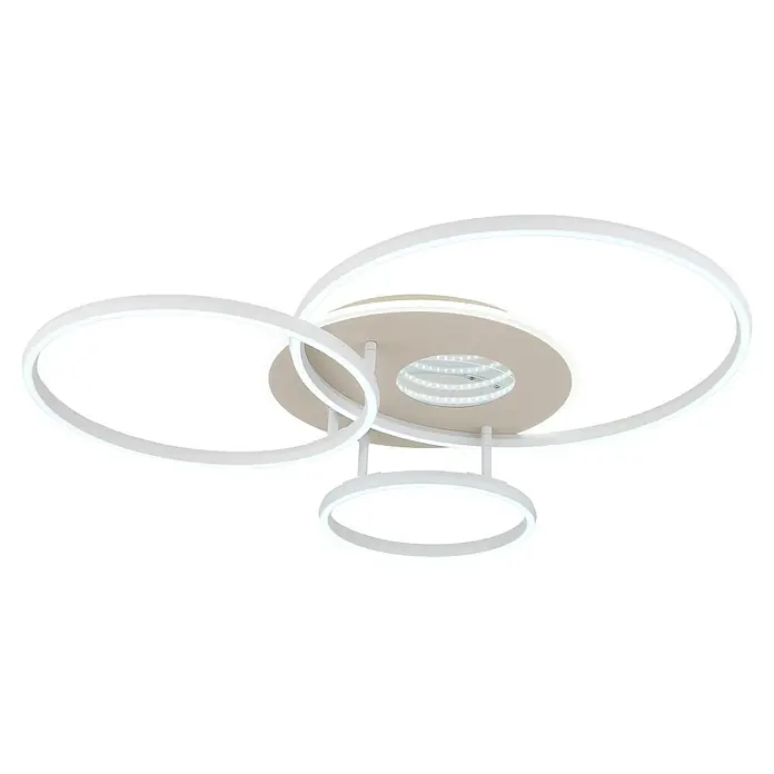 Globo LED-Deckenleuchte Invertina - 40 W, L x B x H: 807 x 700 x 130 mm - Moderne LED-Deckenleuchte mit ineinandergreifenden weißen Leuchtringen und beiger Mittelplatte.