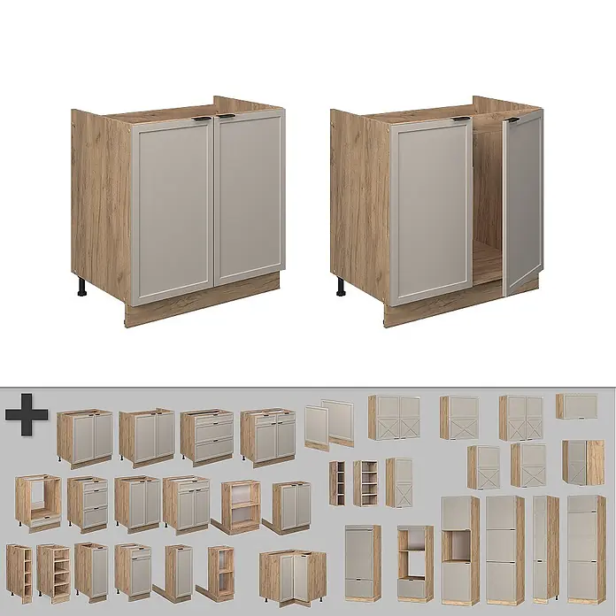 Vicco Schrankküche Fame-Line GrauBeige, AP Anthrazit - GrauBeige, Spülenunterschrank 80 cm, AP Anthrazit - Modulare Küchenschränke in heller Holzoptik und Grau; ein Unterschrank mit geschlossenen Türen, einer mit offener Tür und weitere passende Schranktypen.