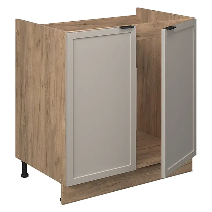 Vicco Schrankküche Fame-Line GrauBeige, AP Anthrazit - GrauBeige, Spülenunterschrank 80 cm, AP Anthrazit - Küchen-Eckunterschrank mit hellem Holzdekor und zwei hellgrauen Shaker-Türen mit schwarzen Griffen.