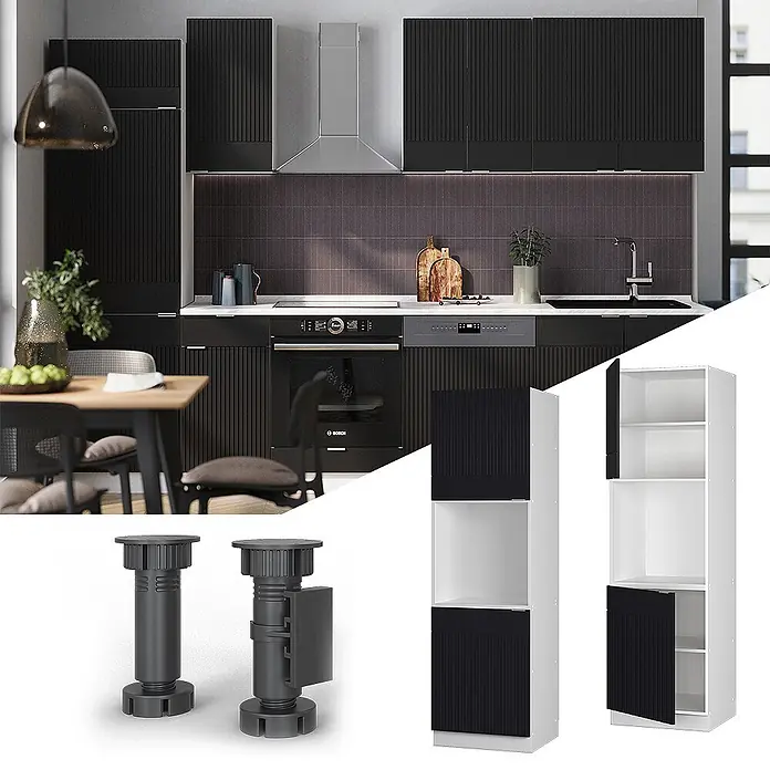 Vicco Schrankküche Fame-Line Schwarz gestreift mit offenem Regal - Schwarz gestreift, Herdumbauschrank hoch 60 cm - Schwarze geriffelte Küchenschranktüren und verstellbare Füße für ein Küchensystem, in einer modernen Küche installiert.
