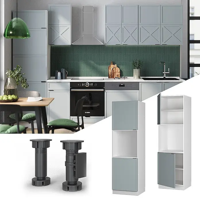 Vicco Schrankküche Fame-Line Hellblau-grau mit offenem Regal - Hellblau-grau, Herdumbauschrank hoch 60 cm - Moderne Küche mit hellblaugrauen Schränken, verstellbaren Füßen und modularen Hochschränken.