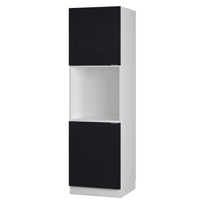 Vicco Schrankküche Fame-Line Schwarz gestreift mit offenem Regal - Schwarz gestreift, Herdumbauschrank hoch 60 cm - Hoher weißer Schrank mit schwarzen gerippten Türen oben und unten, mit offenem Fach in der Mitte.
