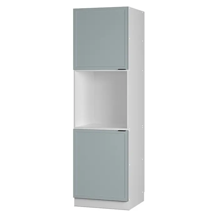 Vicco Schrankküche Fame-Line Hellblau-grau mit offenem Regal - Hellblau-grau, Herdumbauschrank hoch 60 cm - Hoher weißer Hochschrank mit zwei hellgrauen Türen und offenem Mittelfach.