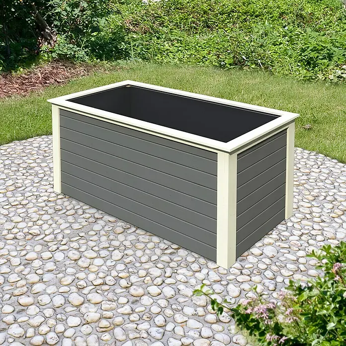 Karibu Hochbeet - 209 x 111 x 92 cm, Holz, Grau - Ein grauer Pflanzkasten mit cremefarbenen Akzenten steht auf einem mit Kieselsteinen bedeckten Gartenweg und ist bereit für Bepflanzung.
