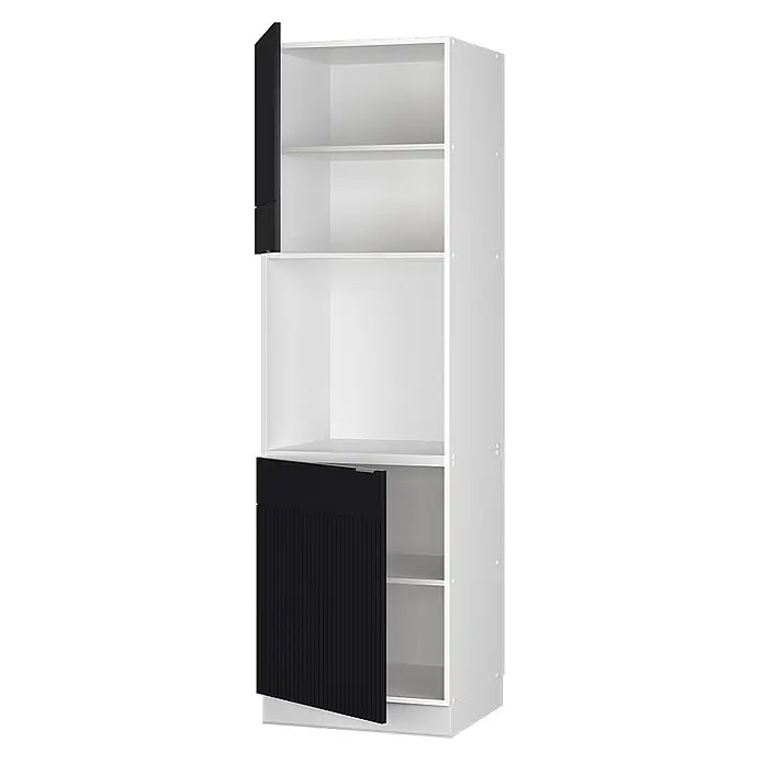 Vicco Schrankküche Fame-Line Schwarz gestreift mit offenem Regal - Schwarz gestreift, Herdumbauschrank hoch 60 cm - Hoher weißer Schrank mit schwarzen geriffelten Türen und offenen Fächern.