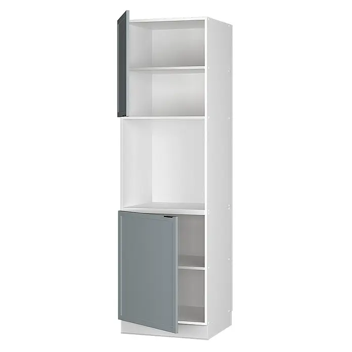 Vicco Schrankküche Fame-Line Hellblau-grau mit offenem Regal - Hellblau-grau, Herdumbauschrank hoch 60 cm - Weißer Hochschrank mit zwei teilweise geöffneten grauen Türen, der weiße Regale zeigt.