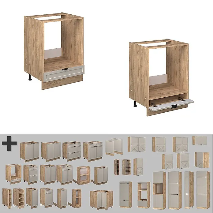Vicco Schrankküche Fame-Line GrauBeige, AP Eiche - GrauBeige, Herdumbauschrank 60 cm, AP Eiche - Küchen-Unterschrank für Backofen in hellem Holzdekor mit hellgrauer Schublade/Blende, geschlossen und offen dargestellt.