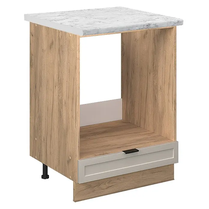 Vicco Schrankküche Fame-Line GrauBeige, AP Marmor - GrauBeige, Herdumbauschrank 60 cm, AP Marmor - Küchenunterschrank in Holzoptik mit heller Marmorplatte, offenem Fach für Gerät und hellgrauer Schublade darunter.
