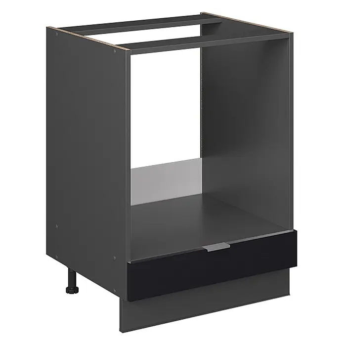 Vicco Schrankküche Fame-Line Schwarz gestreift, AP Eiche - Schwarz gestreift, Herdumbauschrank 60 cm, AP Eiche - Dunkelgrauer Küchenunterschrank mit offener Nische für Einbaubackofen, Schublade und Stellfuß.