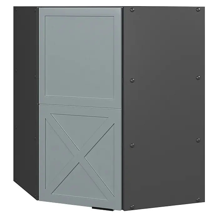 Vicco Schrankküche Fame-Line Hellblau-grau - Hellblau-grau, Eckhängeschrank 57 cm - Heller grauer Eckschrank mit einer glatten oberen Tür und einer unteren Tür mit X-Design. Dunkelgraue Seitenwände.