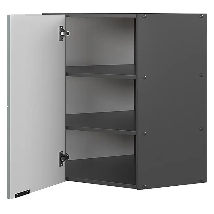 Vicco Schrankküche Fame-Line Hellblau-grau - Hellblau-grau, Eckhängeschrank 57 cm - Dunkelgrauer Wandschrank mit offener hellgrauer Tür, der drei Innenregale zeigt. Scharniere und Befestigungen sichtbar.