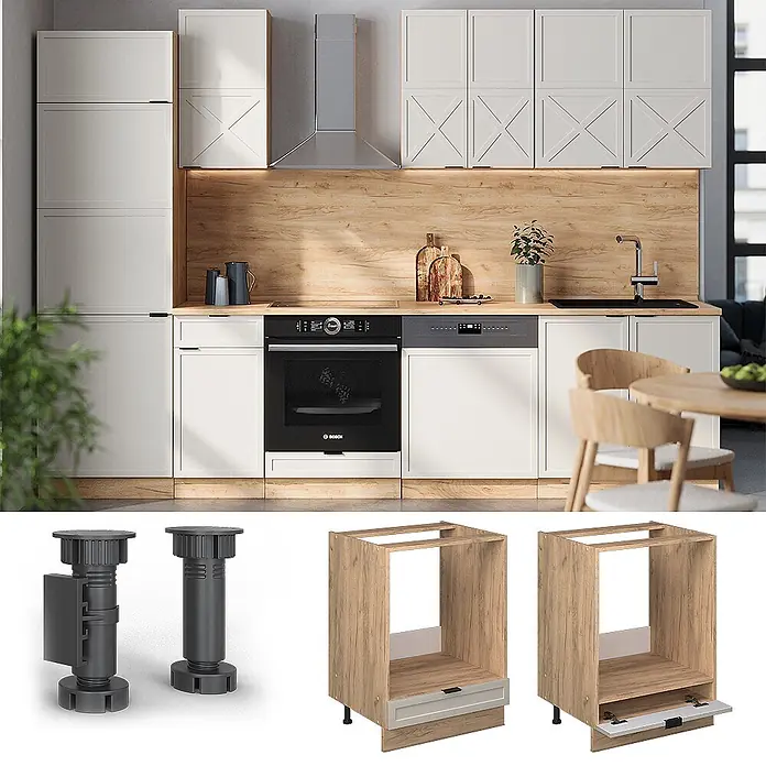 Vicco Schrankküche Fame-Line GrauBeige, AP Eiche - GrauBeige, Herdumbauschrank 60 cm, AP Eiche - Verstellbare Kunststofffüße und helle Holz-Unterschrankrahmen, wesentliche Bestandteile eines modernen Modulküchensystems.