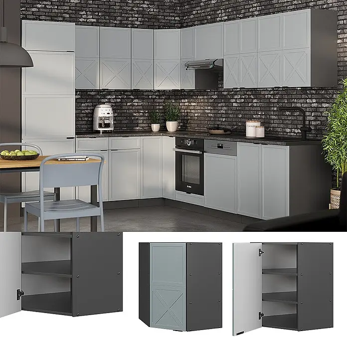 Vicco Schrankküche Fame-Line Hellblau-grau - Hellblau-grau, Eckhängeschrank 57 cm - Moderne Küche mit hellgrauen Schränken, dunkelgrauen Arbeitsplatten und integrierten Geräten.