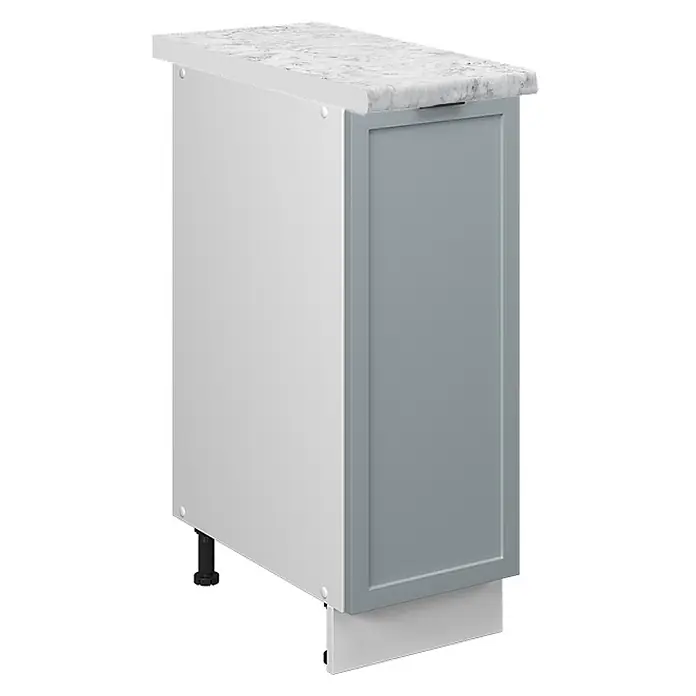 Vicco Schrankküche Fame-Line Hellblau-grau, AP Marmor - Hellblau-grau, Apothekerunterschrank 30 cm, AP Marmor - Hellgrauer Küchenunterschrank mit weißer Marmor-Arbeitsplatte, einer Tür und verstellbaren Füßen.
