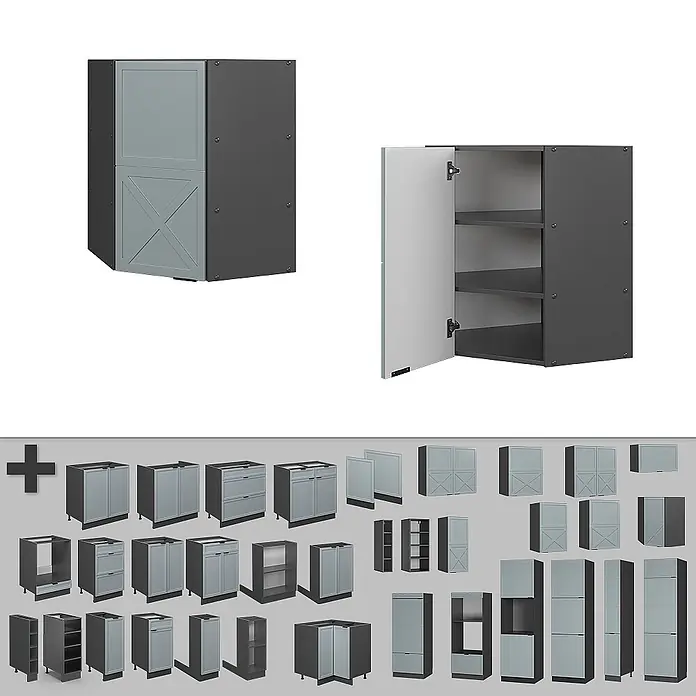 Vicco Schrankküche Fame-Line Hellblau-grau - Hellblau-grau, Eckhängeschrank 57 cm - Modulare Küchenschränke in Hellgrau und Dunkelgrau, mit Unter-, Wand- und Eckschränken, Schubladenfronten und offenen Regalen.