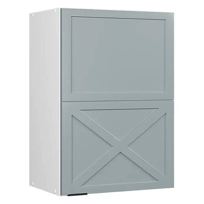 Vicco Schrankküche Fame-Line Hellblau-grau - Hellblau-grau, Hängeschrank 50 cm - Hellgrauer Zweitürerschrank. Obere Tür mit Rahmen, untere Tür mit dekorativem X-Streben-Design.