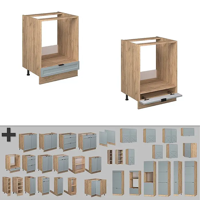 Vicco Schrankküche Fame-Line Hellblau-grau ohne Arbeitsplatte - Hellblau-grau, Herdumbauschrank 60 cm - Sortiment von Küchenschrankmodulen in heller Holzmaserung und Blau-Grau, inklusive Unter-, Ober-, Hoch- und Geräteschränken.