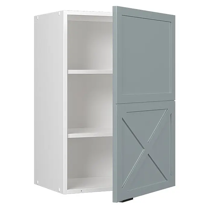 Vicco Schrankküche Fame-Line Hellblau-grau - Hellblau-grau, Hängeschrank 50 cm - Weißer Wandschrank mit zwei Fachböden und teilweise offener grauer Tür. Die Tür hat oben ein glattes und unten ein X-förmiges Paneel.