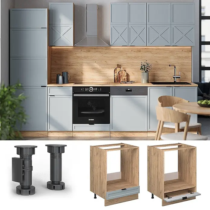 Vicco Schrankküche Fame-Line Hellblau-grau ohne Arbeitsplatte - Hellblau-grau, Herdumbauschrank 60 cm - Moderne hellblaue Küche mit Holz-Akzenten, zeigt Schrankkorpusse für Geräte und verstellbare Möbelfüße.