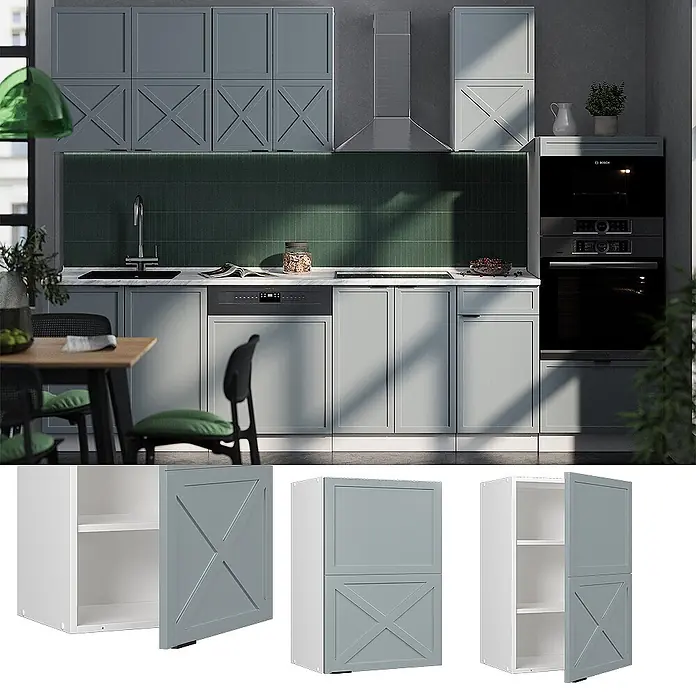 Vicco Schrankküche Fame-Line Hellblau-grau - Hellblau-grau, Hängeschrank 50 cm - Modulare graue Küchenschränke mit X-Muster-Türen, inklusive Wand- und Unterschränken, für modernes Küchendesign.