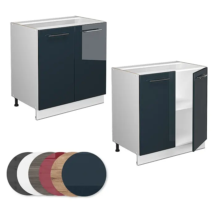 Vicco Schrankküche Fame-Line Dunkelblau Hochglanz mit Regal, AP Anthrazit - Dunkelblau Hochglanz, Unterschrank 80 cm - Zwei Küchenunterschränke mit weißem Korpus und dunkelblauen Hochglanztüren, einer offen. Inklusive Farboptionen.