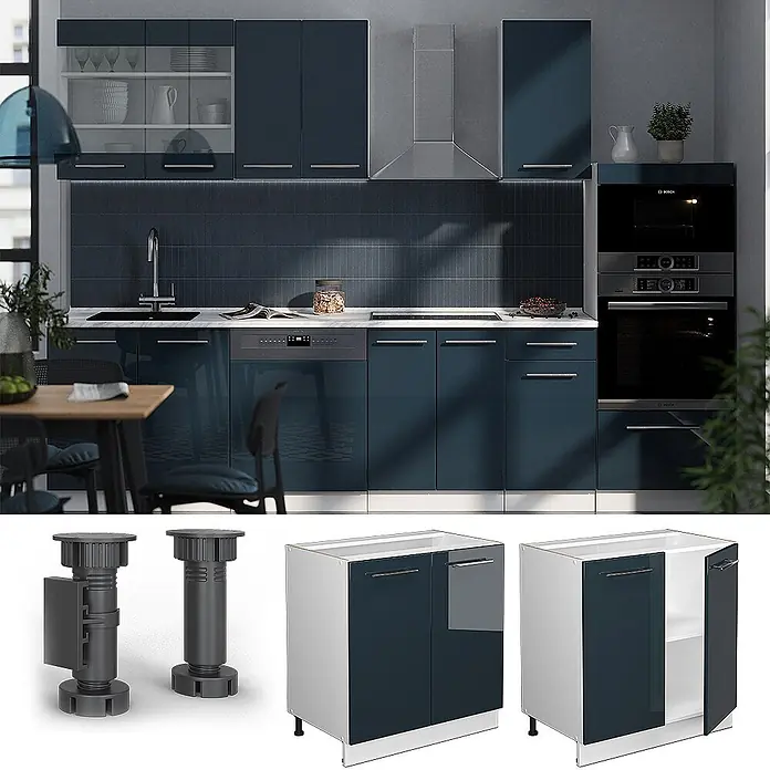 Vicco Schrankküche Fame-Line Dunkelblau Hochglanz mit Regal, AP Anthrazit - Dunkelblau Hochglanz, Unterschrank 80 cm - Dunkelblau glänzendes Küchenschranksystem; umfasst Unterschränke und verstellbare Füße in moderner Küche.