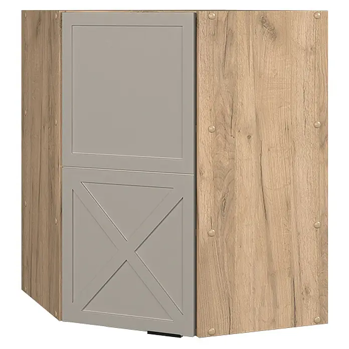 Vicco Schrankküche Fame-Line GrauBeige - GrauBeige, Eckhängeschrank 57 cm - Eckschrank mit Holzoptik-Seiten und hellgrauer Tür mit dekorativem X-Muster auf der unteren Platte.
