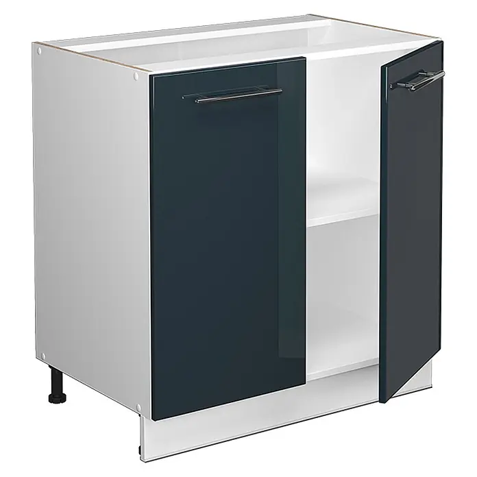 Vicco Schrankküche Fame-Line Dunkelblau Hochglanz mit Regal, AP Anthrazit - Dunkelblau Hochglanz, Unterschrank 80 cm - Weißer Unterschrank mit zwei dunklen Hochglanztüren, silbernen Griffen und einem Einlegeboden.