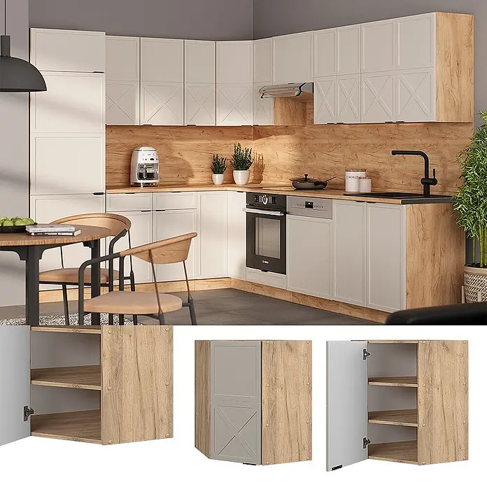 Vicco Schrankküche Fame-Line GrauBeige - GrauBeige, Eckhängeschrank 57 cm - Moderne Küche mit cremefarbenen Schränken im X-Muster, Arbeitsplatten in Holzoptik und integrierten Geräten.