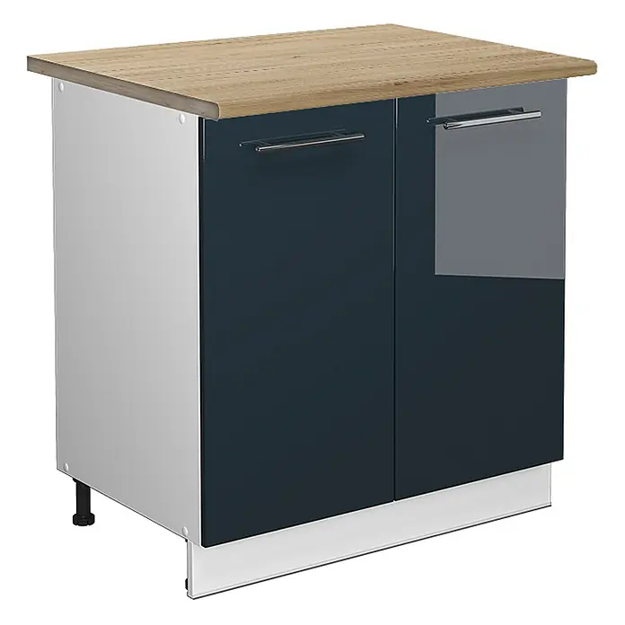 Vicco Schrankküche Fame-Line Dunkelblau Hochglanz mit Regal, AP Eiche - Dunkelblau Hochglanz, Unterschrank 80 cm - Zweitüriger glänzender Unterschrank in Dunkelblau mit Eicheneffekt-Platte und grauen Seiten.