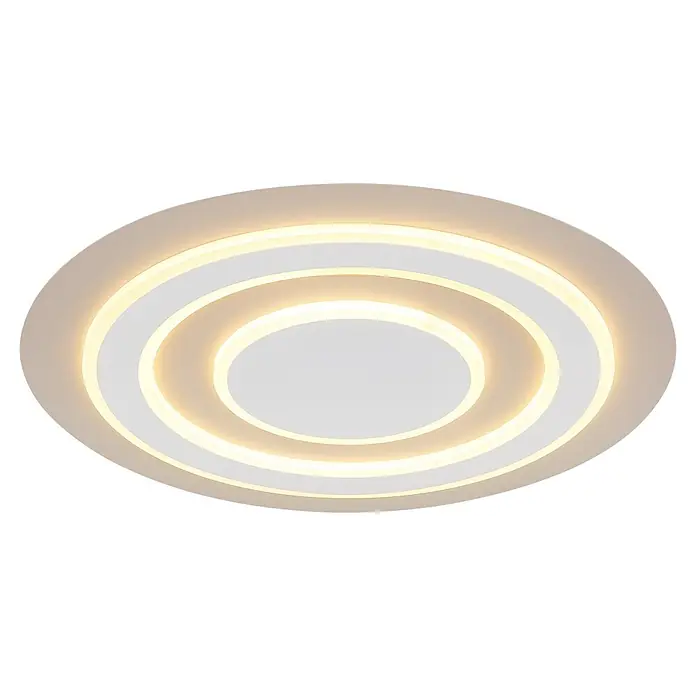 Globo LED-Deckenleuchte rund Jayden - 40 W, Ø x H: 48 x 4,3 cm, Warmweiß - Moderne LED-Deckenleuchte mit konzentrischen weißen Ovalen und warmweißer Beleuchtung auf hellgrauem Sockel.