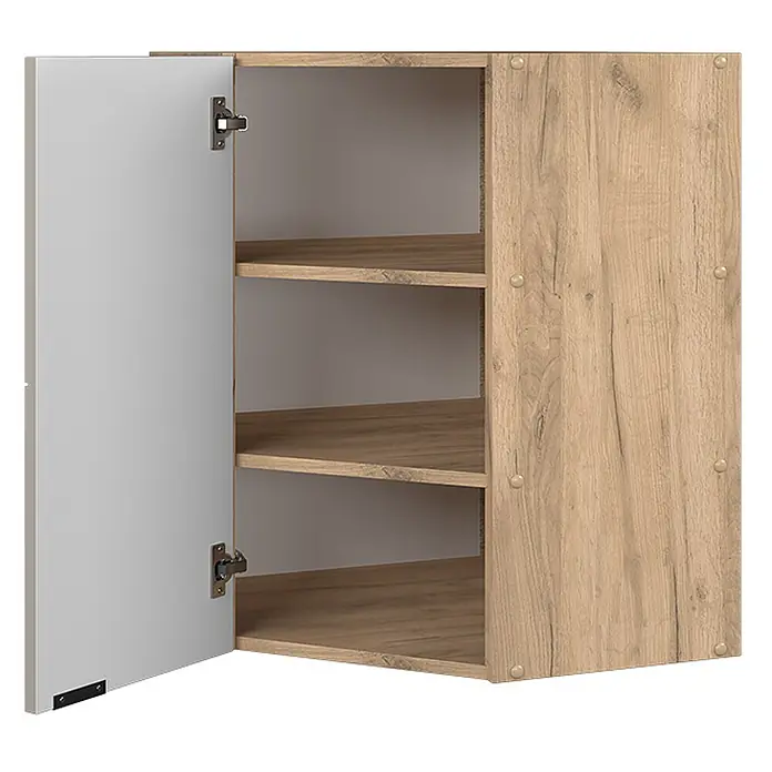 Vicco Schrankküche Fame-Line GrauBeige - GrauBeige, Eckhängeschrank 57 cm - Wandschrank aus hellem Holzdekor mit grauer Tür, geöffnet mit drei internen Regalböden.