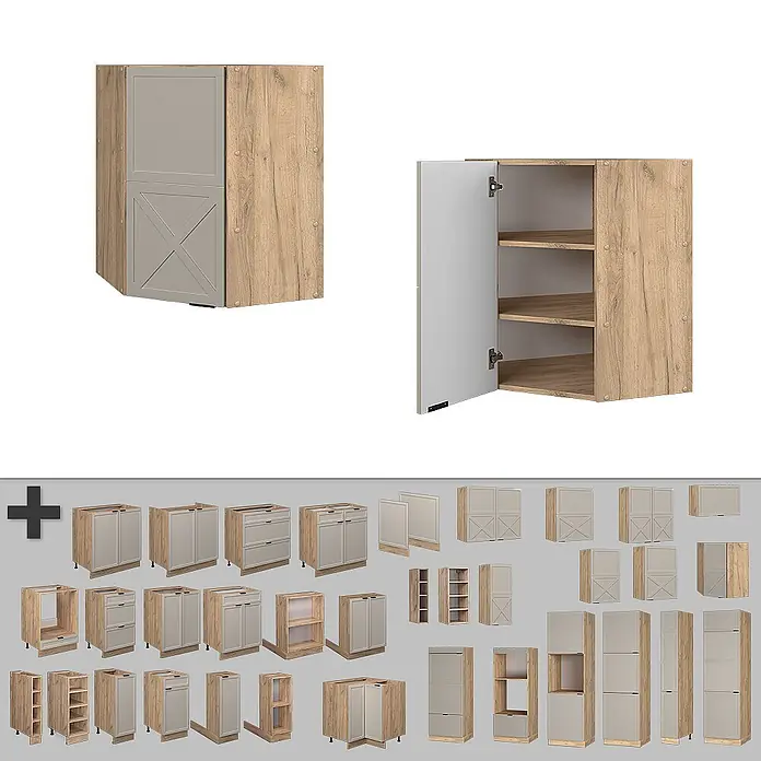 Vicco Schrankküche Fame-Line GrauBeige - GrauBeige, Eckhängeschrank 57 cm - Modulküchenschränke in heller Holzoptik mit grauen Türen, inklusive verschiedener Unter-, Ober- und Eckschränke.