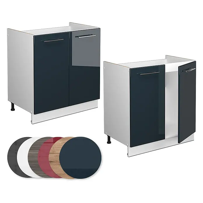 Vicco Schrankküche Fame-Line Dunkelblau Hochglanz ohne Arbeitsplatte - Breite: 80 cm, Dunkelblau Hochglanz, Spülenunterschrank 80 cm - Zwei Küchenunterschränke mit dunkelblauen/grauen Hochglanztüren und hellen Rahmen, einer mit offener Tür. Inkl. Farbmuster.