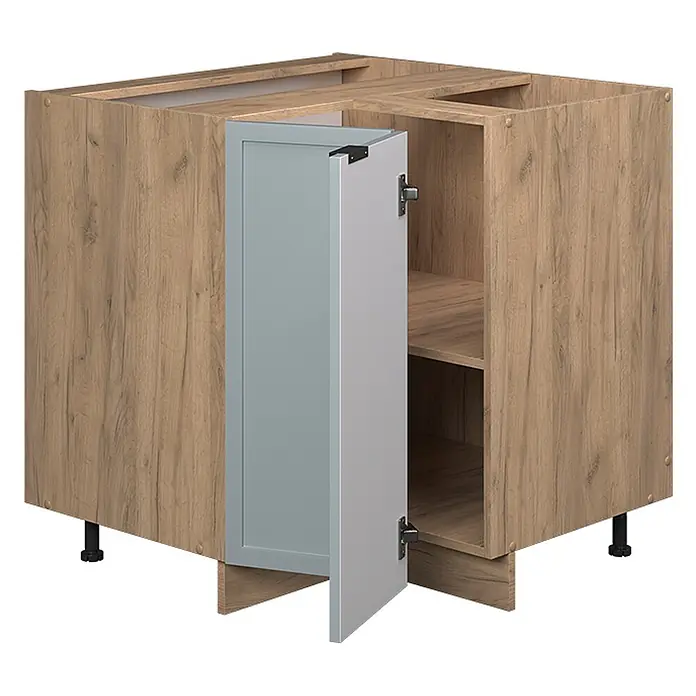 Vicco Schrankküche Fame-Line Hellblau-grau, AP Eiche - Hellblau-grau, Eckunterschrank, AP Eiche - Eckunterschrank aus hellem Holz mit hellgrauer Tür, teilweise geöffnet, zeigt Innenregale und schwarze verstellbare Füße.