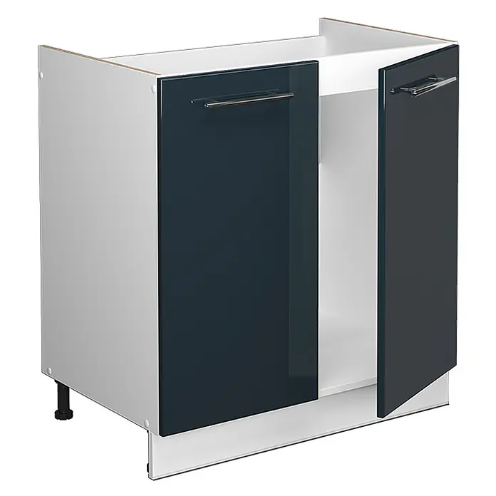 Vicco Schrankküche Fame-Line Dunkelblau Hochglanz ohne Arbeitsplatte - Breite: 80 cm, Dunkelblau Hochglanz, Spülenunterschrank 80 cm - Küchenunterschrank mit zwei dunkelblauen Hochglanztüren, eine offen, silbernen Griffen und hellgrauem Korpus.