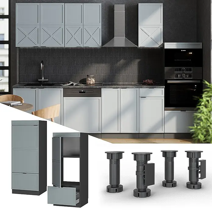 Vicco Schrankküche Fame-Line Hellblau-grau - Hellblau-grau, Mikrowellenumbauschrank 60 cm - Modulare hellgraue Küchenschränke und Hochschrank, sowie schwarze verstellbare Küchenfüße, in einer modernen Küche gezeigt.