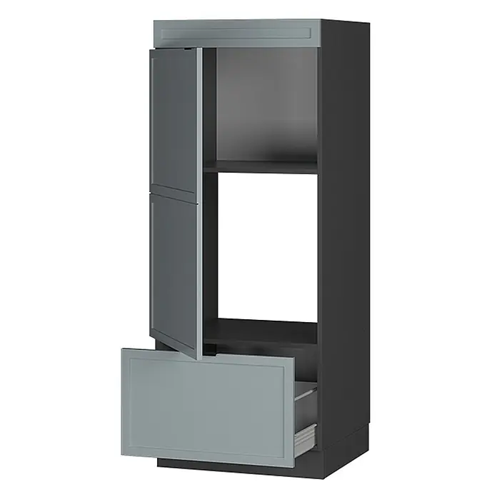 Vicco Schrankküche Fame-Line Hellblau-grau - Hellblau-grau, Mikrowellenumbauschrank 60 cm - Hoher Küchenschrank in Grau und Dunkelgrau mit offenen Türen und teils geöffneter Schublade, mit leerem Fach für ein Einbaugerät.