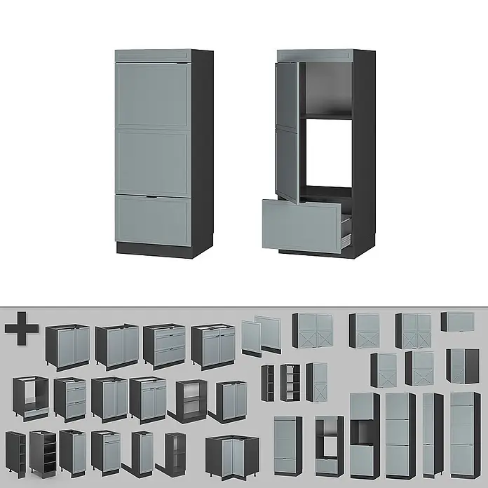 Vicco Schrankküche Fame-Line Hellblau-grau - Hellblau-grau, Mikrowellenumbauschrank 60 cm - Sammlung modularer Küchenschränke in Hellgrau mit dunkelgrauen Rahmen, darunter Hochschränke, Unter- und Oberschränke.