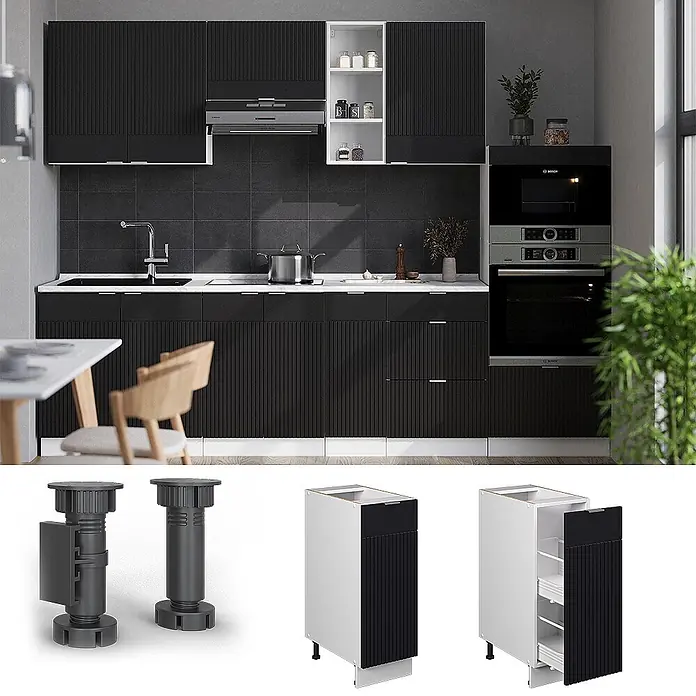 Vicco Schrankküche Fame-Line Schwarz gestreift, AP Eiche - Schwarz gestreift, Apothekerunterschrank 30 cm, AP Eiche - Moderne schwarze gerippte Küchenschränke mit weißen Arbeitsplatten. Merkmale sind verstellbare Füße und ein schmaler Apothekerschrank.