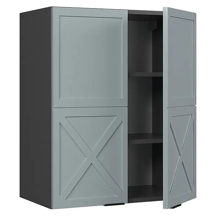 Vicco Schrankküche Fame-Line Hellblau-grau - Hellblau-grau, Hängeschrank 60 cm - Grauer zweitüriger Schrank mit dunkelgrauem Rahmen und Einlegeböden, eine Tür offen. Mit gerahmten und X-Muster Paneelen.