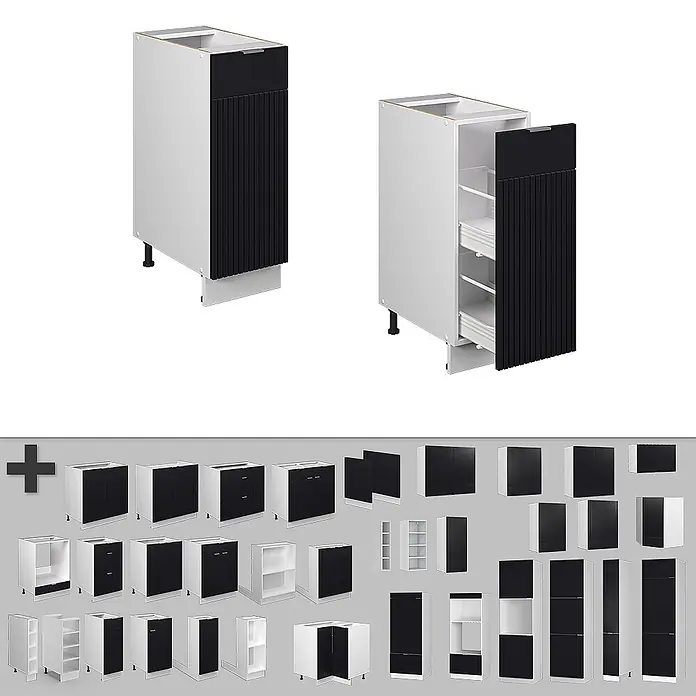Vicco Schrankküche Fame-Line Schwarz gestreift, AP Eiche - Schwarz gestreift, Apothekerunterschrank 30 cm, AP Eiche - Weißer Küchenschrank mit schwarzer geriffelter Auszugfront, offen und geschlossen gezeigt. Sortiment passender modularer Schrankkomponenten.