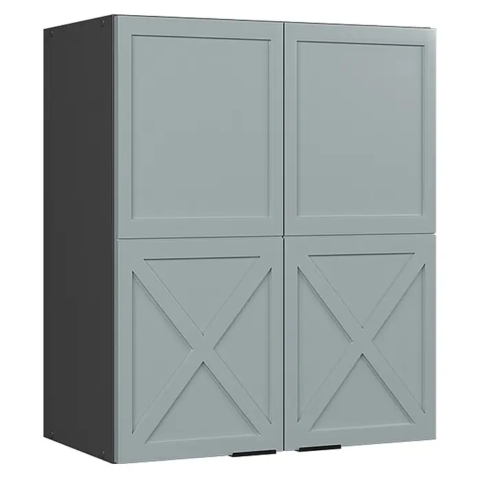 Vicco Schrankküche Fame-Line Hellblau-grau - Hellblau-grau, Hängeschrank 60 cm - Grauer Schrank mit zwei oberen glatten Türen und zwei unteren Türen mit X-Paneelen.