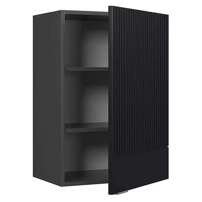 Vicco Hängeschrank Fame-Line, Schwarz gestreift, 50 cm -  - Dunkelgrauer Wandschrank mit teilweise geöffneter, gerippter Tür, der zwei Einlegeböden zeigt.