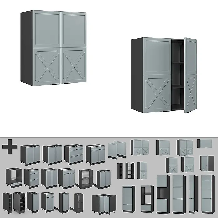 Vicco Schrankküche Fame-Line Hellblau-grau - Hellblau-grau, Hängeschrank 60 cm - Graue modulare Küchenschränke mit X-Streben-Türen, darunter Hochschränke, Unter- und Oberschränke für flexibles Design.