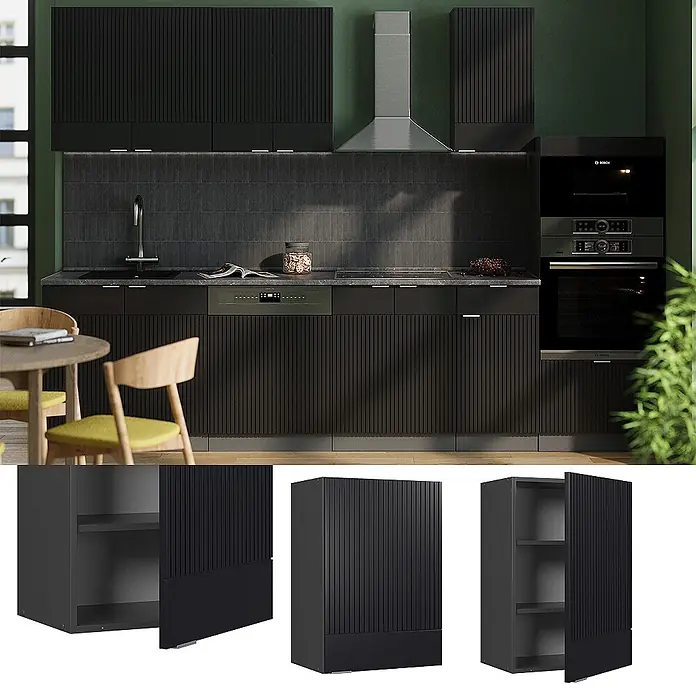 Vicco Schrankküche Fame-Line Schwarz gestreift - Schwarz gestreift, Hängeschrank 50 cm - Moderne Küche mit dunklen, geriffelten Schränken und integrierten Geräten.